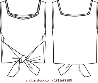Vector square neck top with bow detail fashion CAD, sleeveless crop woman top technical drawing, template, sketch, flat. Jersey or woven fabric blouse with front, back view, white color