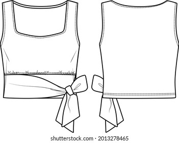 Vector square neck top with bow detail fashion CAD, sleeveless crop woman top technical drawing, template, sketch, flat. Jersey or woven fabric blouse with front, back view, white color