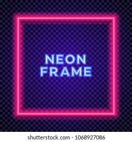 Vector square neon frame on transparent background for poster party, cafe, shop, banner, promotion, restaurant. Bright signboard red color. 10 eps