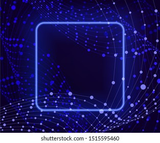 Vector Square Neon Glowing Frame on Abstract Blue Background, Wireframe Abstraction Swirls, Business Backdrop Template, Blank Border.