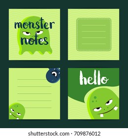 Vector square note cards set with cartoon monsters, Green card with monsters illustration