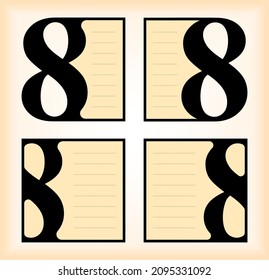 Vector square one number set with four options or steps can be used for business infographics, numbered banners , graphic or website layout. Eight number serif font design with square framed.