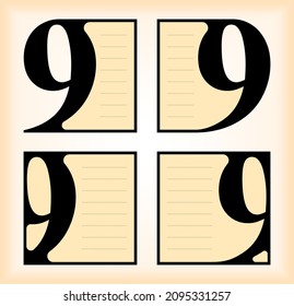 Vector square one number set with four options or steps can be used for business infographics, numbered banners , graphic or website layout. Nine number serif font design with square framed.