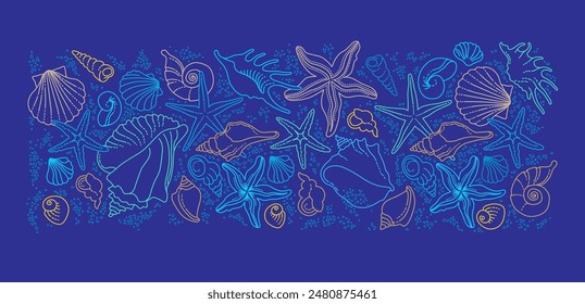 Vector square pattern, border, frame of line art tropical sea elements, seashells, starfish. Doodles of marine life. Sea decor for scrapbook, card, design. Ocean creatures. Maritime illustration