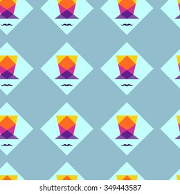 Vector square pattern with colorful silk hat and mustache on light blue background. Seamless pattern can be used for wallpaper, pattern fills, web page background,surface textures.