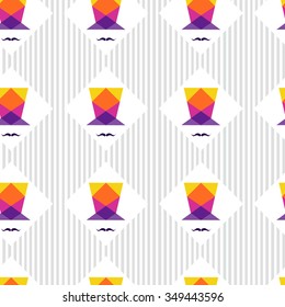 Vector square pattern with colorful silk hat and mustache on striped background. Seamless pattern can be used for wallpaper, pattern fills, web page background,surface textures.