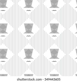 Vector square pattern with grey silk hat and mustache on striped background. Seamless pattern can be used for wallpaper, pattern fills, web page background,surface textures.