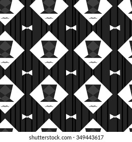 Vector square pattern with silk hat, mustache and bow tie on black and white background. Seamless pattern can be used for wallpaper, pattern fills, web page background,surface textures.