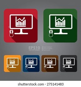 Vector : Square PC Computer Monitor With Bar Chart, Bar Graph Flat Long Shadow Style Icon, Label, Sticker, Sign or Banner 