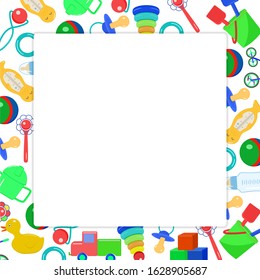 Vector square photo frame isolated on white background. Frame for children's photos with images of children's toys