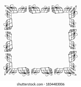 Vector square photo frame made of gifts. For grammes, photography processing. Gift boxes. Lineart.