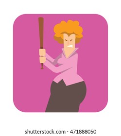Vector square pink frame with cartoon image of a rounded business woman with ginger hair with a baseball-bat in hands in the center on white background. Vector illustration of geometric business woman