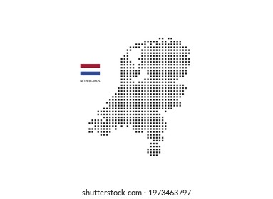  Vector square pixel dotted map of Netherlands isolated on white background with Netherlands flag.