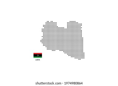 Vector square pixel dotted map of Libya isolated on white background with Libya flag.