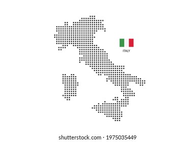 Vector square pixel dotted map of Italy isolated on white background with Italy flag.