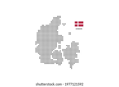 Vector square pixel dotted map of Denmark isolated on white background with Denmark flag.