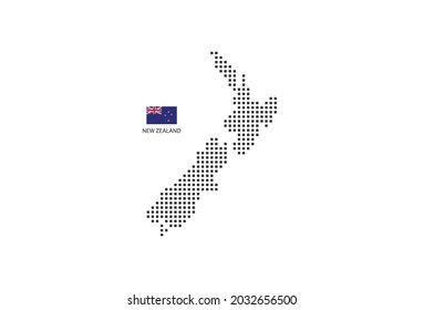 Vector square pixel dotted map of New Zealand isolated on white background with New Zealand flag.