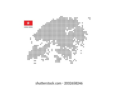 Vector square pixel dotted map of Hong Kong isolated on white background with Hong Kong flag.