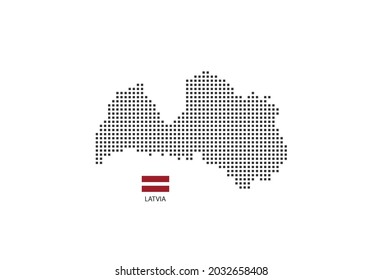 Vector square pixel dotted map of Latvia isolated on white background with Latvia flag.