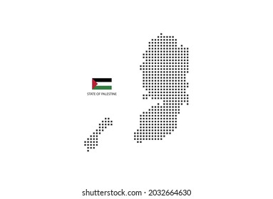 Mapa de puntos de píxel cuadrado vectorial del Estado de Palestina aislado en fondo blanco con bandera del Estado de Palestina.