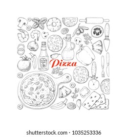 Vector square of pizza and its ingredients. Vector illustration for your design