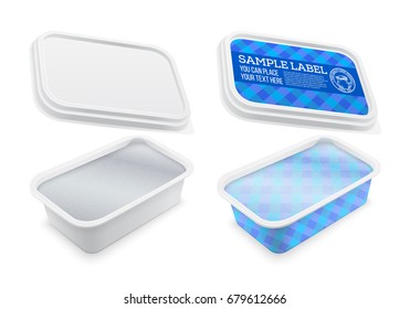 Vector square plastic container covered with foil and labeled for butter, melted cheese or margarine spread. Mockup isolated over the white background. Packaging template illustration.