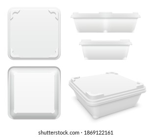 Vector square plastic container with rounded tabs and blanks as motionless locking system for foodstuff. Set of top, bottom, front, side and perspective views. Packaging mockup illustration.