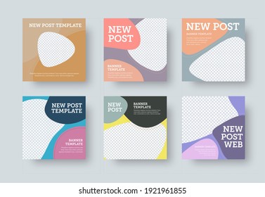 Vector square post for social media, presentation of colorful abstract poster design. Creative cover template for web advertising, newsletter concept. Flyer set with photo space, ready to publish