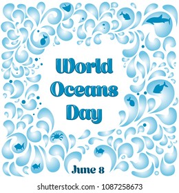 Vector square poster on World Oceans Day. A wave with a sailboat and a whale on it.