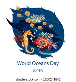 Vector square poster on World Oceans Day. A wave with a sailboat and a whale on it.