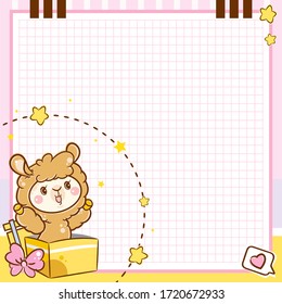 Vector square printing paper note. Squared paper blank for notebook, diary, letters, planners, notes. Kawaii anime Llama with gift box on yellow-pink background, stars and heart