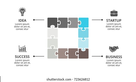 Vector square puzzle infographic, cycle diagram, graph, presentation chart. Business infographics concept with 4 options, parts, steps, processes. 16x9 slide template.