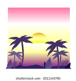 Vector square retrowave illustration of a beach landscape with sunset and palm trees