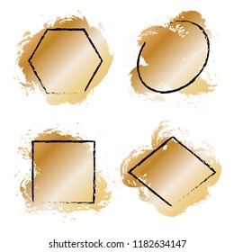 Vector square, rhombus, oval, hexagon painted black frames on gold brush stroke background. Geometric shapes borders, frame lines on textured paint dab isolated elements.