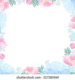 Vector square romantic botanical floral frame template with peonies and hydrangea for wedding invitations, greeting cards, posters.