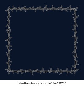 Vector square rope frame overgrown with plant with thorns and leaves. Dark background