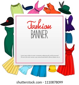 Vector square round label with women clothing and accesories in sketchy style. Sale label with centered text. Boutique label concept. Vector illustration.