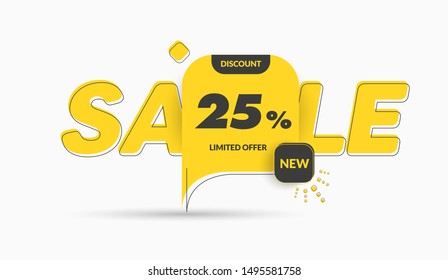 Vector square with rounded corners yellow and black leg label for big sale and discounts. Template tag, web banner with stroke, text and percent.