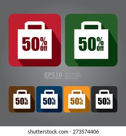 Vector : Square Sale 50% Off Shopping Bag Long Shadow Style Icon, Label, Sticker, Sign or Banner