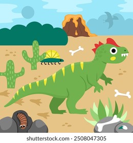 Vector square scene with allosaurus. Dinosaur landscape illustration. Cute prehistoric scenery with desert, bones, volcano, centipede, stones. Funny dino scene for kids
