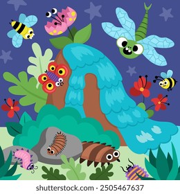 Vector square scene with ancient insects. Dinosaur period landscape illustration. Cute prehistoric scenery with maganevra, butterfly, bumblebee, centipede, waterfall. Funny dino scene for kids
