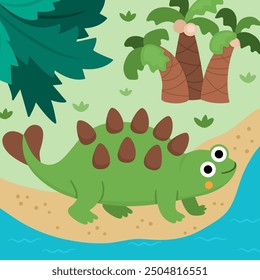 Vector square scene with ankylosaur. Dinosaur landscape illustration. Cute prehistoric scenery with forest, palm trees, river or sea, sand beach. Funny dino scene for kids
