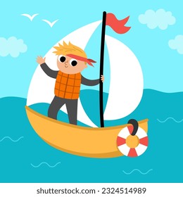 Vector square scene with boy sailing yacht. Transportation illustration. Cute kid driving transport. Water vehicle landscape. Cartoon child on a boat
