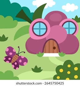 Cena quadrada vetorial com borboleta e pequena casa anã em forma de framboesa. Paisagem da floresta com gnomo, inseto. Fundo de floresta mágica com fantasia acolhedora cabana
