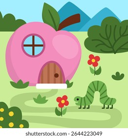 Vector square scene with caterpillar standing near little dwarf house shaped as apple. Woodland landscape with gnome home, insect. Magic forest background with fantasy cozy cottage
