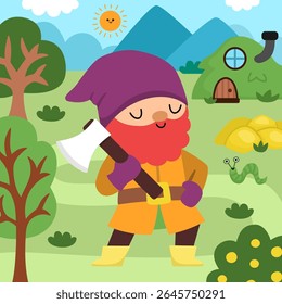 Vector square scene with dwarf with axe, little hill house, gold and nature. Cute landscape with gnome miner, worker or lumberjack. Woodland, fantasy forest background with magic creature
