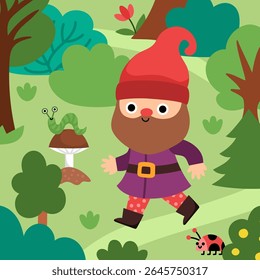 Vector square scene with dwarf going through the forest. Cute gnome country landscape. Woodland, fantasy forest background with magic creature, ladybug, caterpillar 
