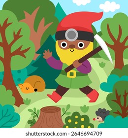 Cena quadrada vetorial com anão passando pela floresta com picareta, acenando com a mão. Paisagem de país de gnomo bonito. Floresta, fundo de floresta de fantasia com árvores e animais
