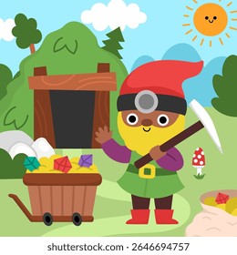 Vector square scene with dwarf with pickaxe, mine pit cave entrance, wagon with treasure. Cute landscape with gnome miner. Woodland, fantasy forest background with magic creature
