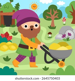 Vector square scene with dwarf with wheelbarrow with gold, mine pit cave entrance, treasure. Cute landscape with gnome miner. Woodland, fantasy forest background with magic creature
